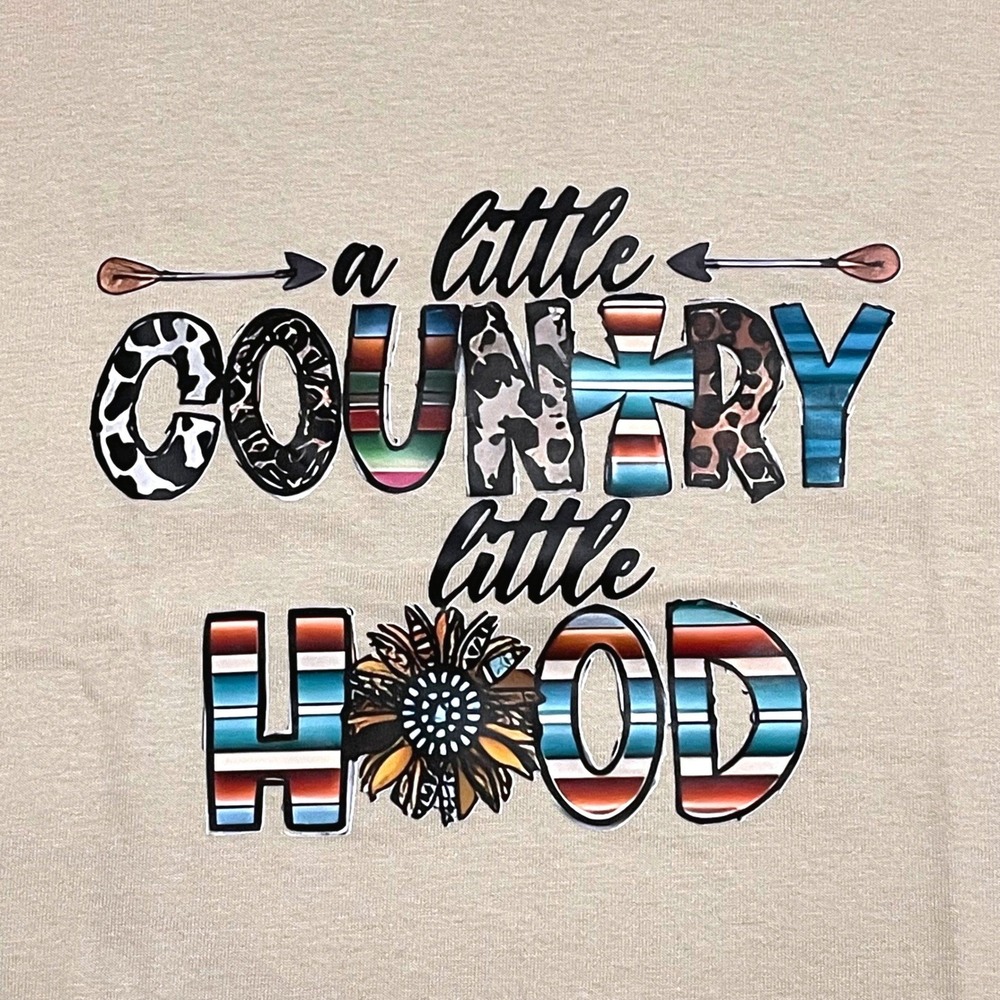 Gildan Lil Country Lil Hood Graphic Tee Women's Short Sleeve‎ Size L Sand